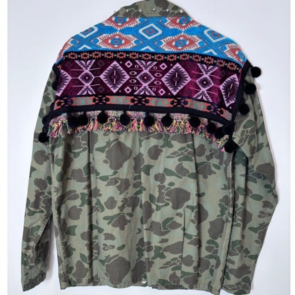 Zara Woman Camo Utility Jacket Embroidered Tapestry Back Pom Pom Studded Boho - Picture 3 of 7